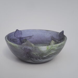 Nympaea bowl, with orchids exiting bowl, purple with green glass